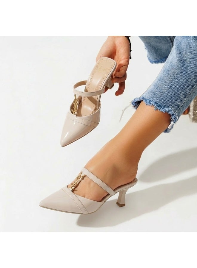 لايف ستيلاش  أحذية بكعب متوسط جلد لامع F-602 - بيج - Image 1